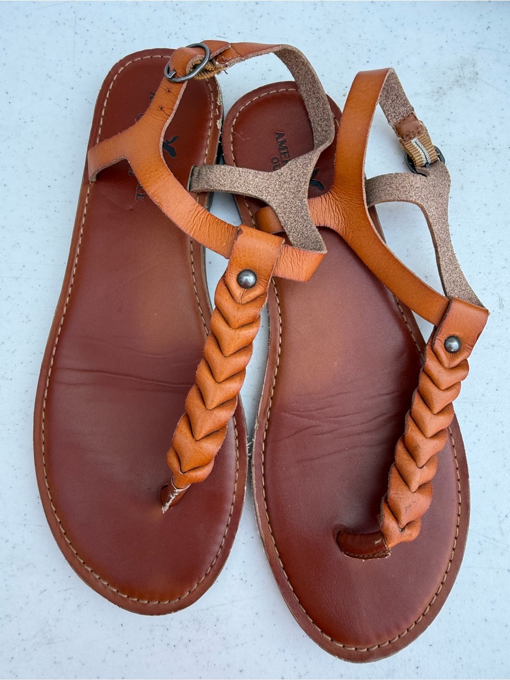American Eagle Outfitters Braided T-Strap Sandals - Brown/Tan